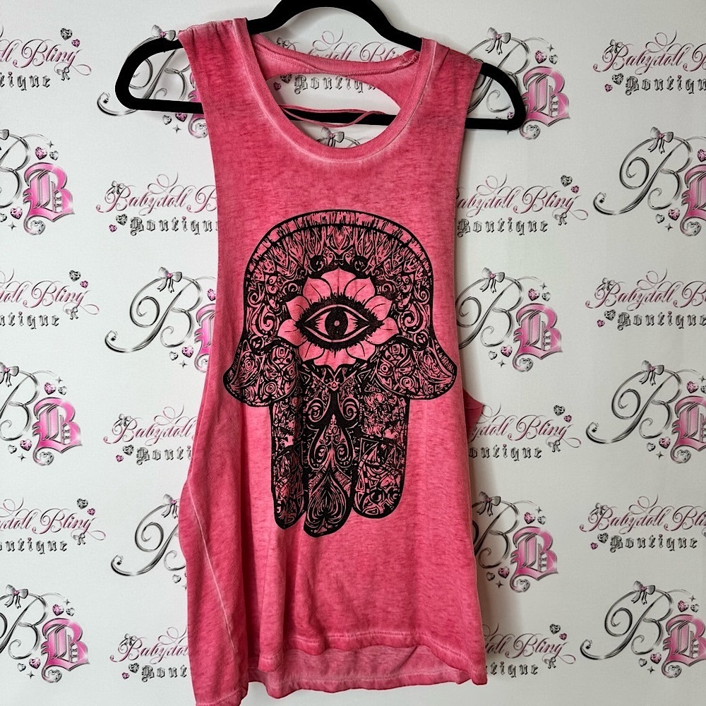 Word of mouth tank top distressed back ripped style Trendy Pink Hamsa Muscle Tee